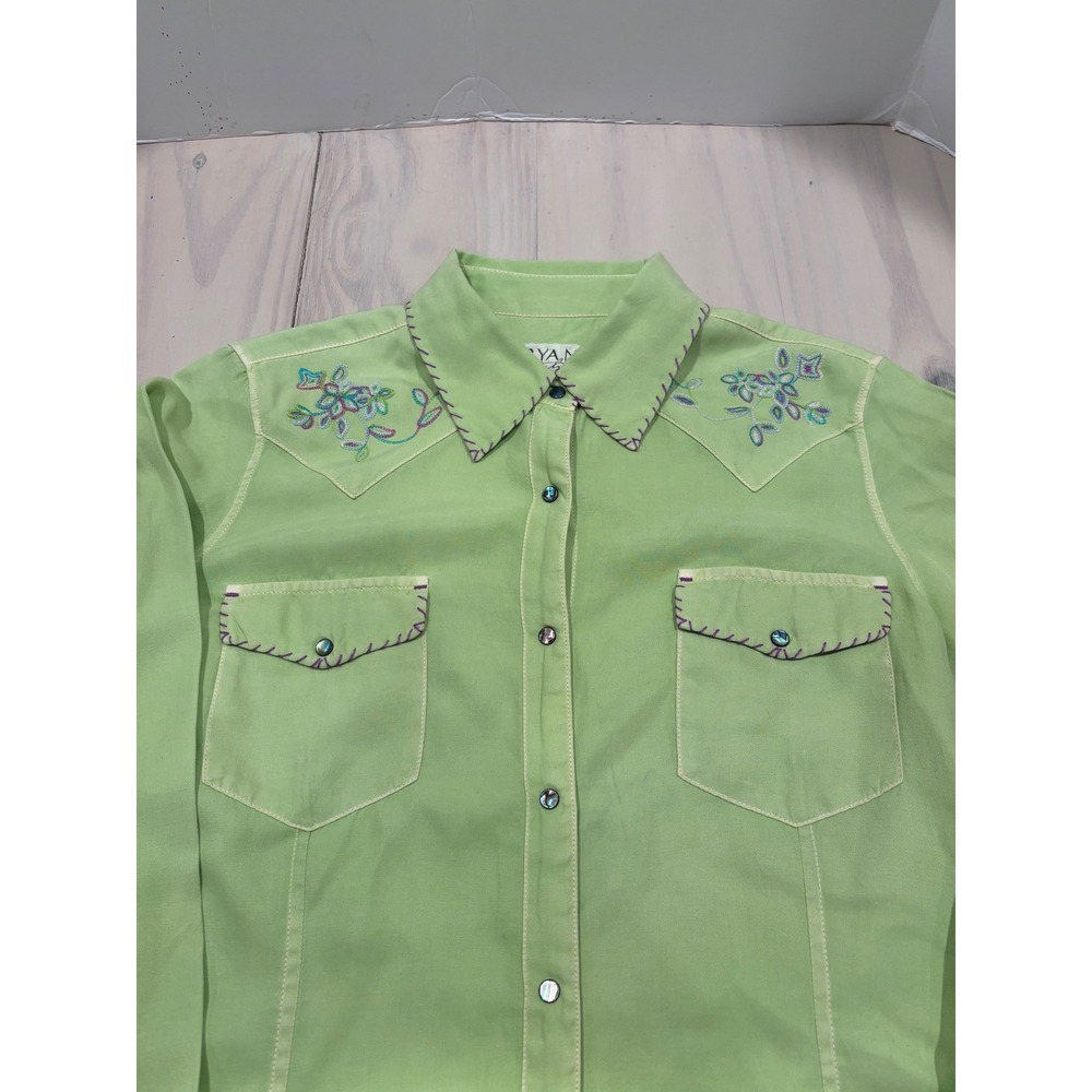 Ryan Michael Womens Silk Cotton Western Shirt Leaf Green Embroidered Small Rodeo